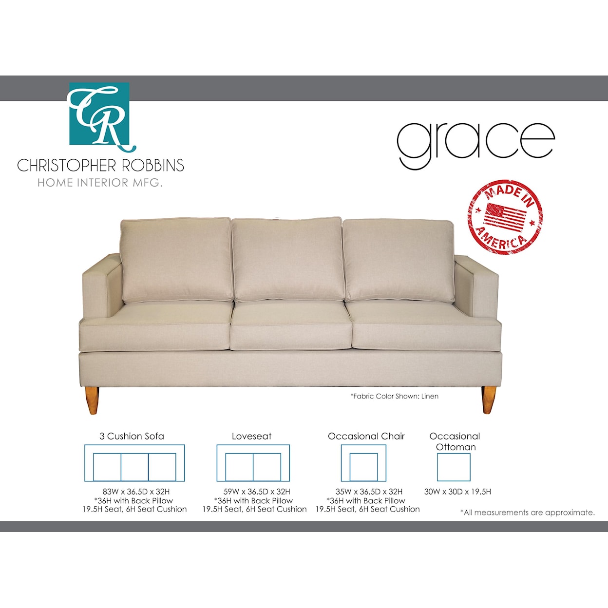 Sussex Upholstery Co. Grace 3 Cushion Sofa