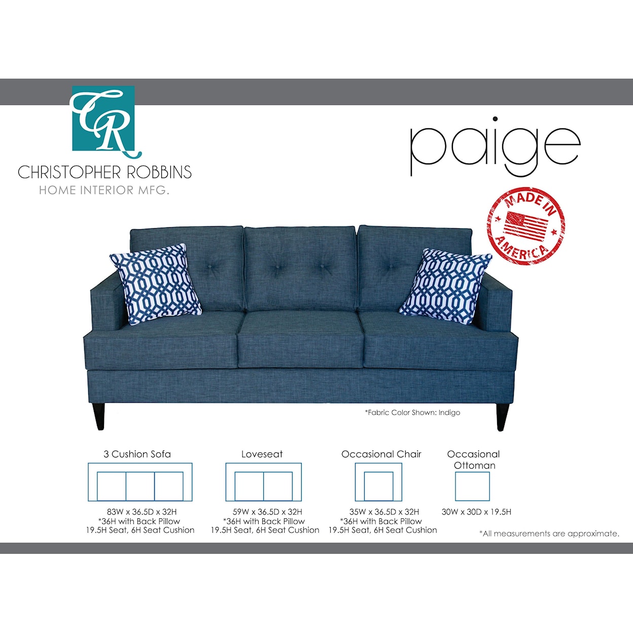 Sussex Upholstery Co. Paige 3 Cushion Sofa