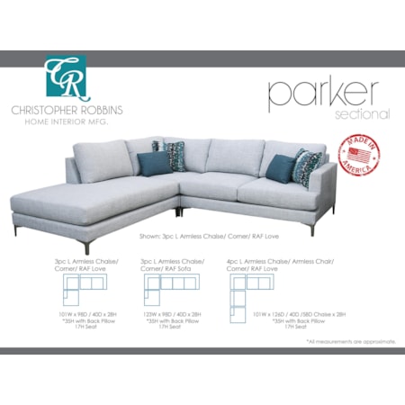 3 PC Sectional L Armless Chaise + Corner + R