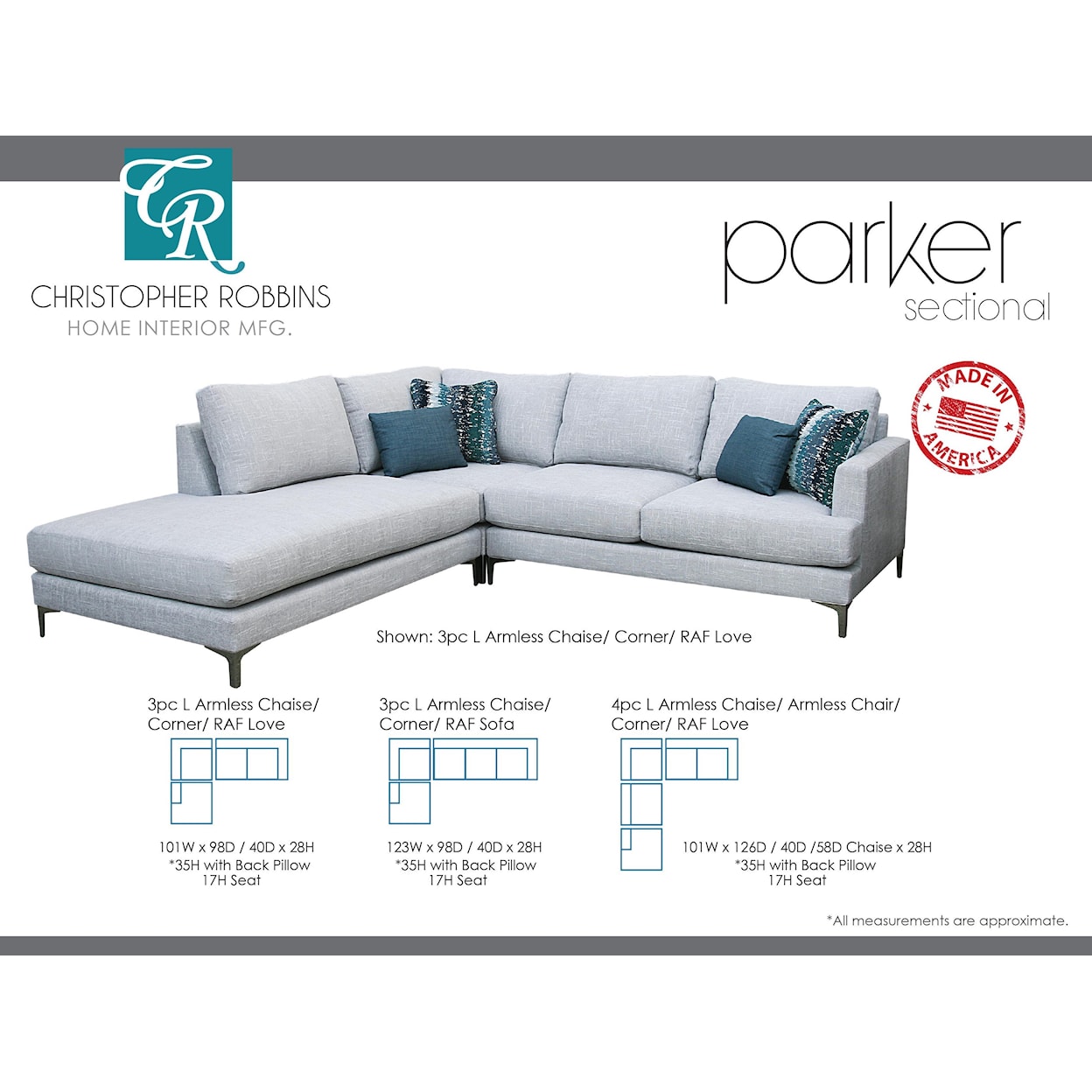 Sussex Upholstery Co. Parker 3 PC Sectional L Armless Chaise + Corner + R