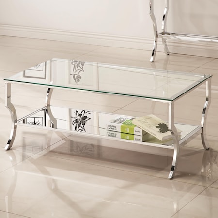 Metal Coffee Table with Glass Top and Mirrored Shelf