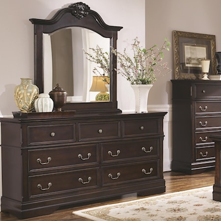 7 Drawer Dresser and Arched Mirror Set with Shell Carving