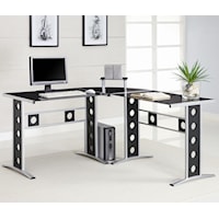 Modern L Shape Desk with Silver Frame & Black Glass