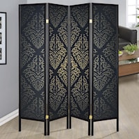 Four Panel Folding Floor Screen with Black Finish & Gold Tone Damask Print