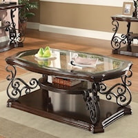 Traditional Coffee Table with Tempered Glass Top & Ornate Metal Scrollwork