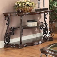 Sofa Table with Tempered Glass Top & Ornate Metal Scrollwork