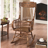 Wood Rocking Chair with Ornamental Headrest and Oak Finish