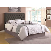 California King Upholstered Headboard with Tufting in Light Color Fabric
