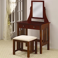 Mission Style Vanity with Swivel Mirror and Stool with Fabric Seat