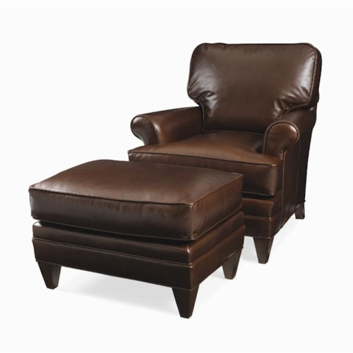 Rolled Arm Chair & Ottoman with Tapered Wood Feet