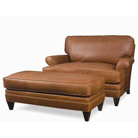 Rolled Arm Chair-and-a-half & Wide Ottoman with Tapered Wood Feet Set