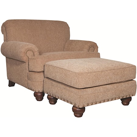 Traditional Chair and Ottoman with Turned Legs and Nailheads