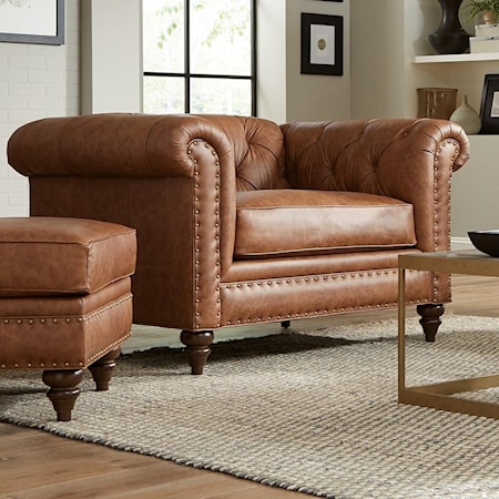 Traditional Leather Chesterfield Oversized Chair & Ottoman Set