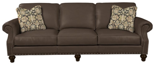 Traditional Leather Sofa with Two Sizes of Nailhead Trim and Pillows