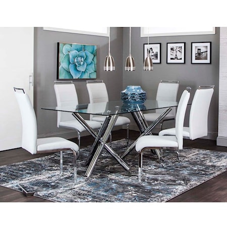 Contemporary 7-Piece Table and Chair Set with Chrome Tripod Dual Base and Glass Top