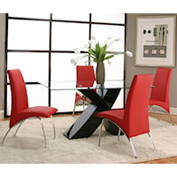 5 Piece Rectangular Glass Top Table with Black Base and Red Chairs 