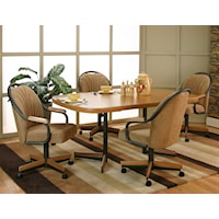 Bow-End Sunset Oak Laminate Dining Table with 4 Honey Harvest Upholstered Tilt-Swivel Chairs