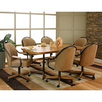 Bow-End Sunset Oak Laminate Dining Table with 6 Harvest Upholstered Tilt-Swivel Arm Chairs