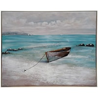 Hand Painted Beach Scene On Canvas With Silver Gallery Frame