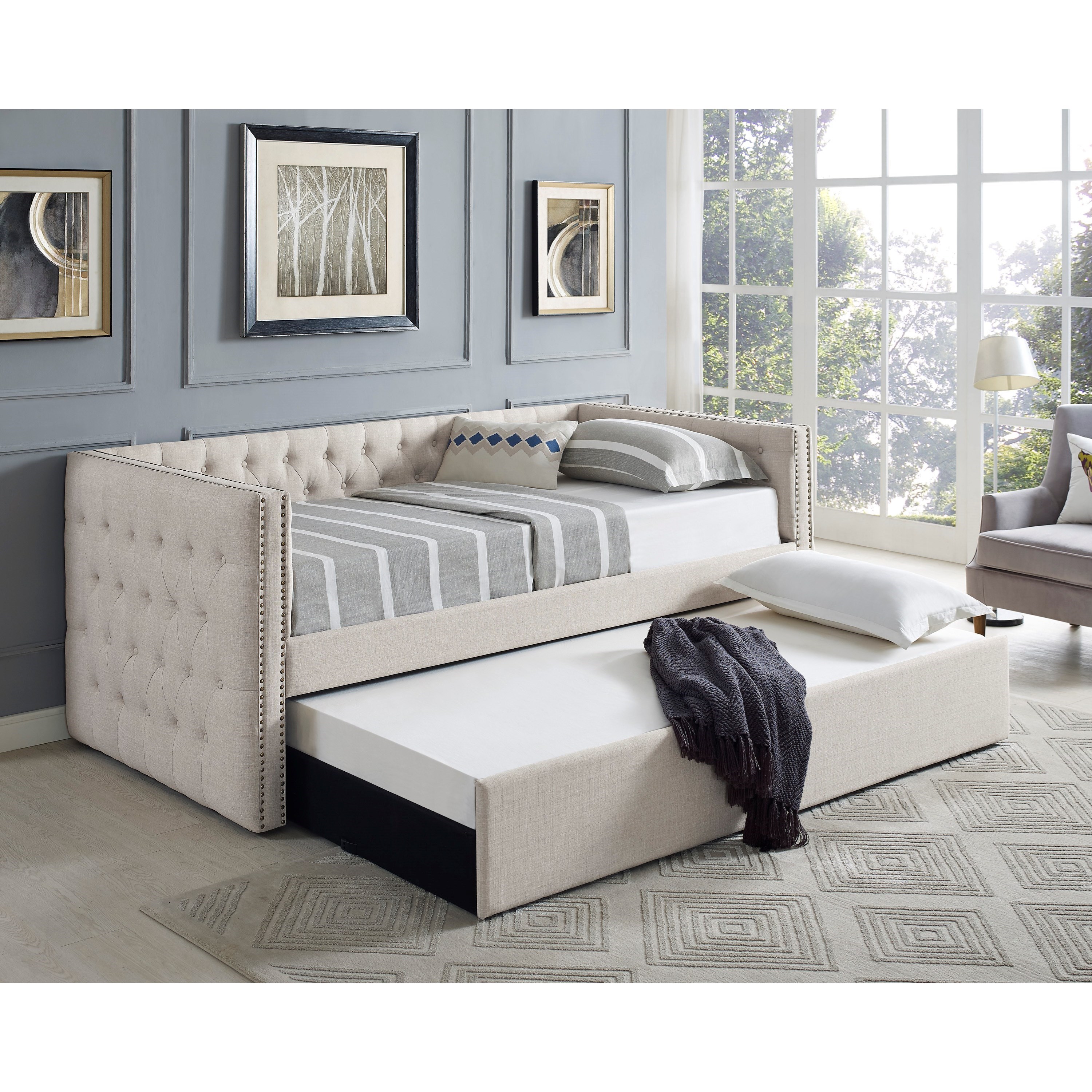 Crown Mark 5335 Ivory Upholstered Daybed with Button Tufting and Pull