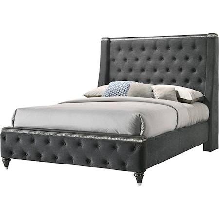 Queen Upholstered Wing Bed with Button Tufting