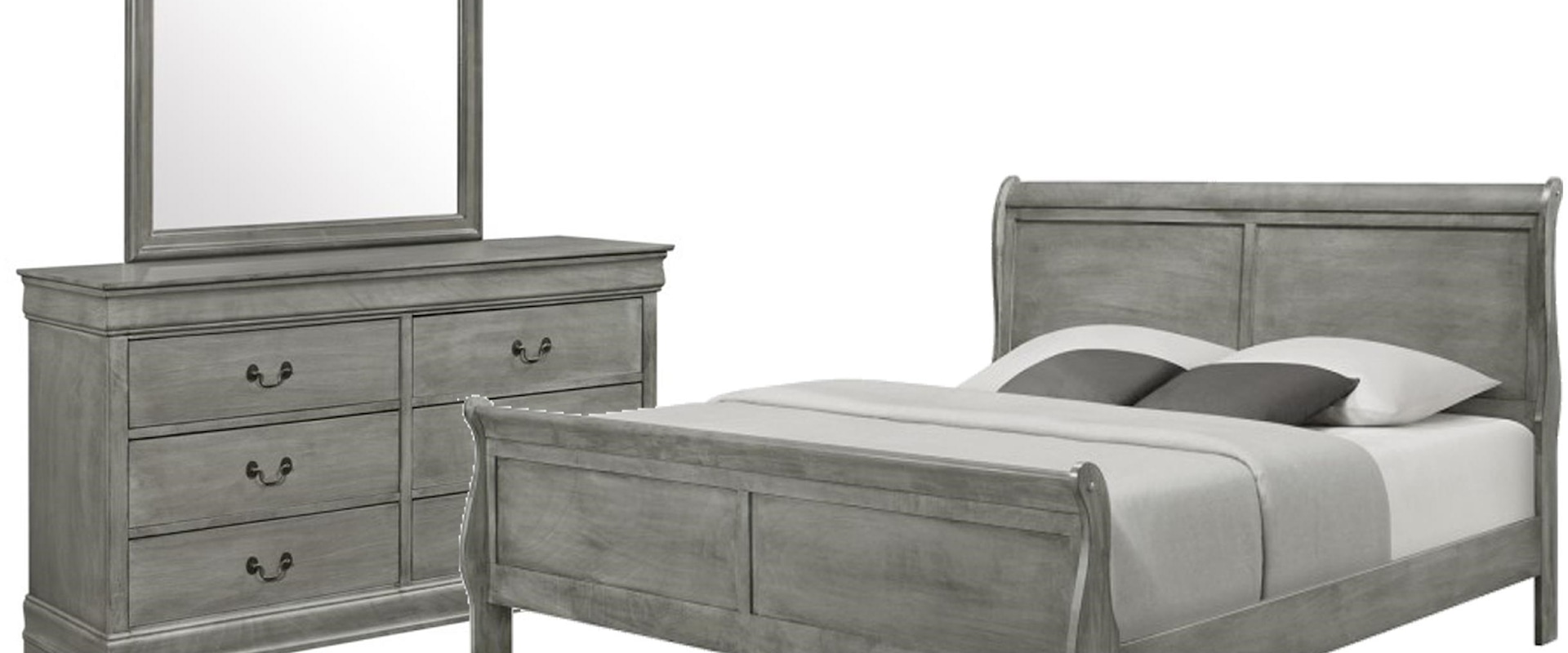 Queen Sleigh Bed, 6 Drawer Dresser, Landscape Mirror