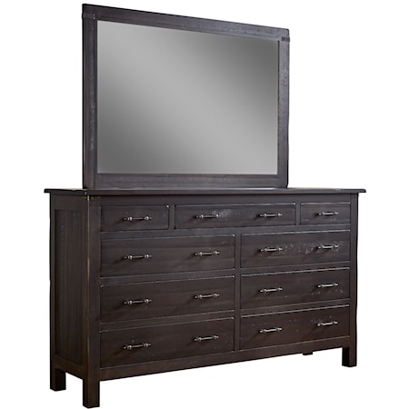 Solid Wood 9 Drawer Dresser and Tall Wide Mirror Combo