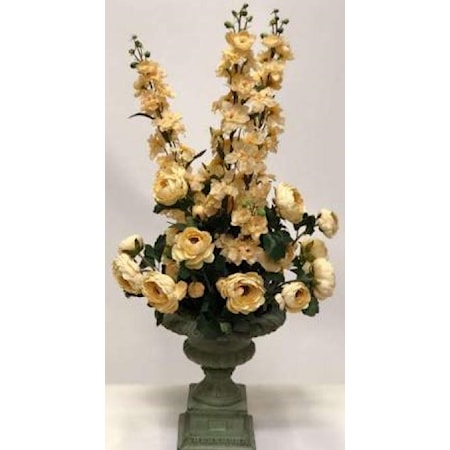 Beige Delphinium And Camillea In Patina Urn