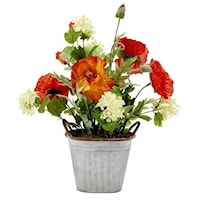 Red and Orange Poppies in Oval Metal Bucket