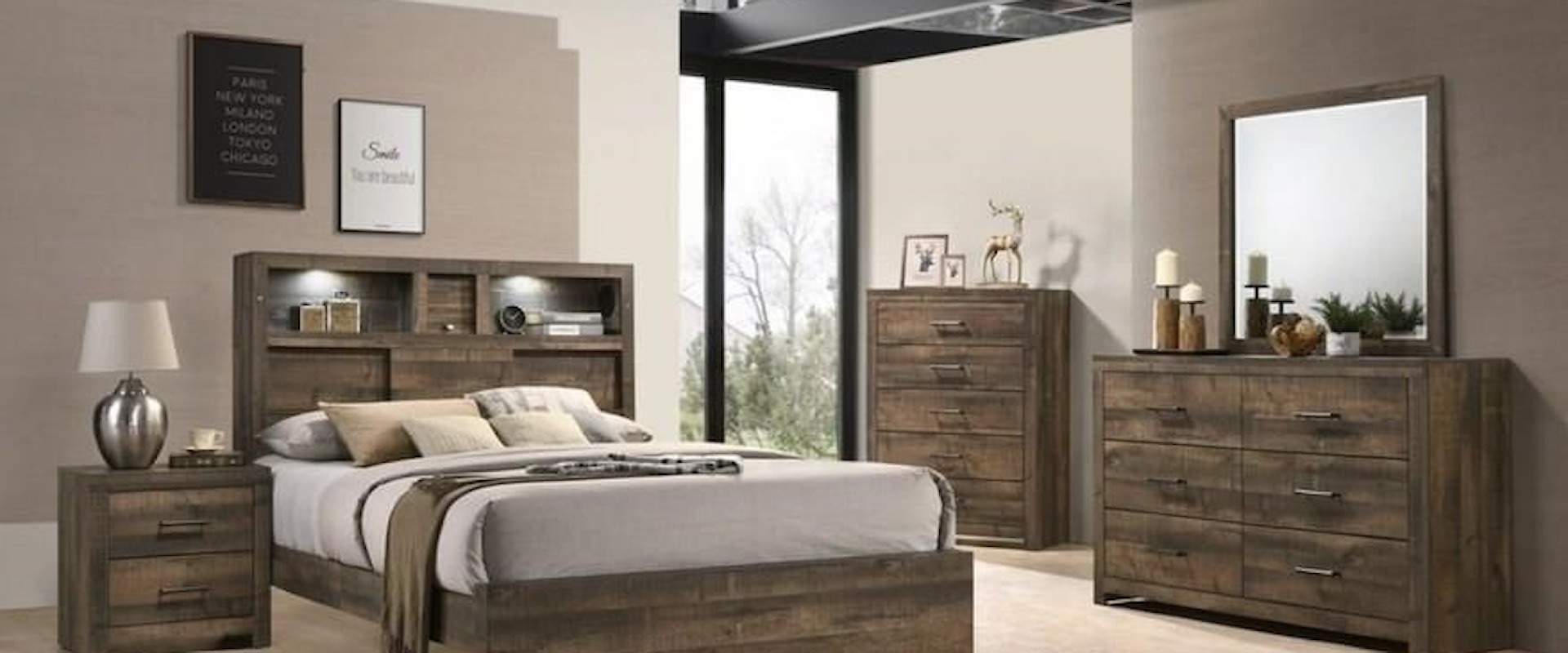 6 Piece Full Bookcase Bead with Bluetooth Speakers in Headboard, Dresser, Mirror and Nightstand Set