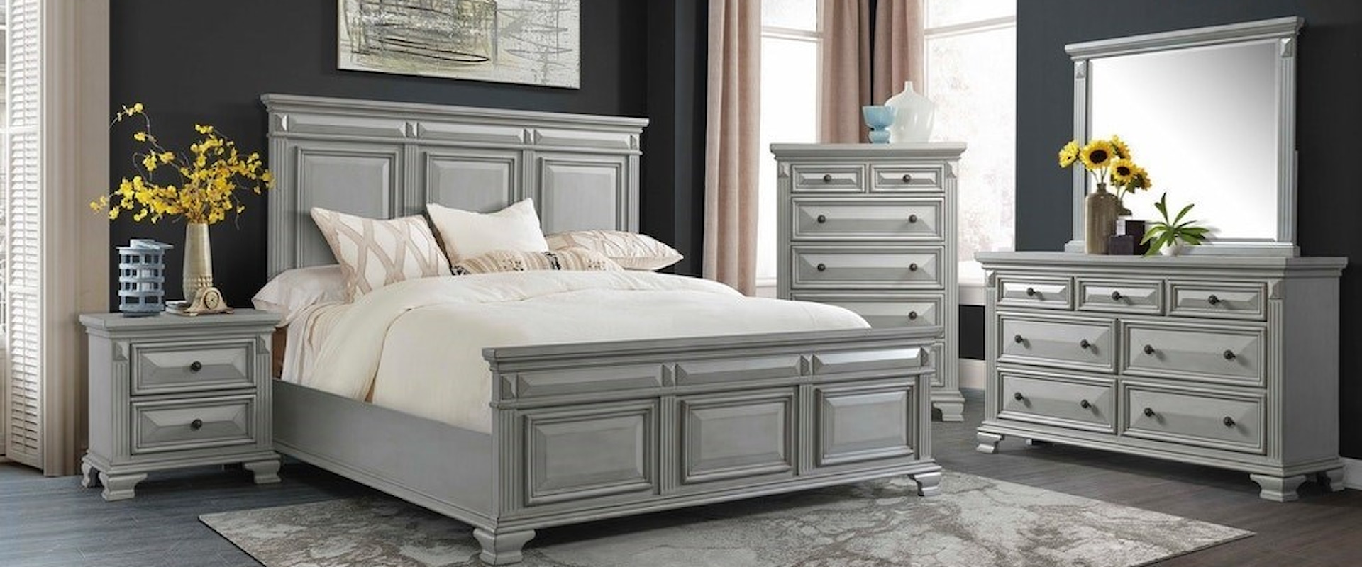 Queen Panel Bed, Dresser, Mirror, Nightstand