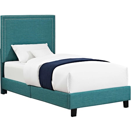Transitional Upholstered Twin Platform Bed with Nailhead Trim
