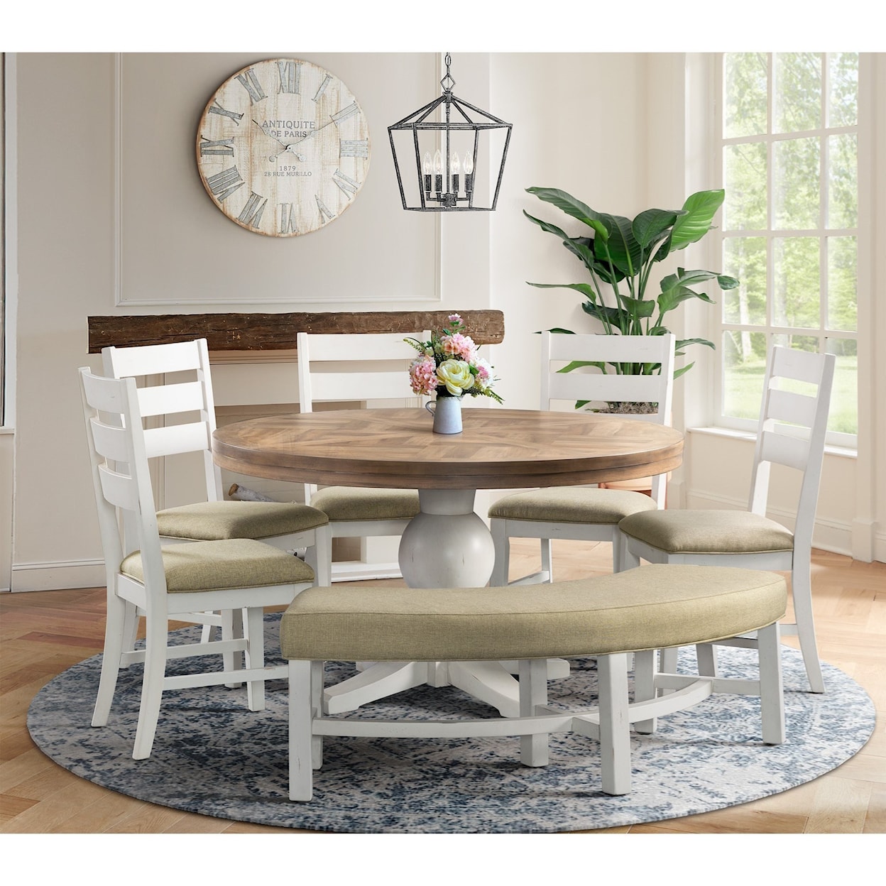 Elements International Park Creek- 7-Piece Round Table Set with Bench