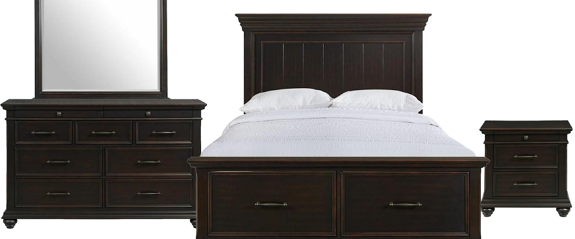 Queen Panel Storage Bed, Dresser, Landscape Mirror, and Nightstand