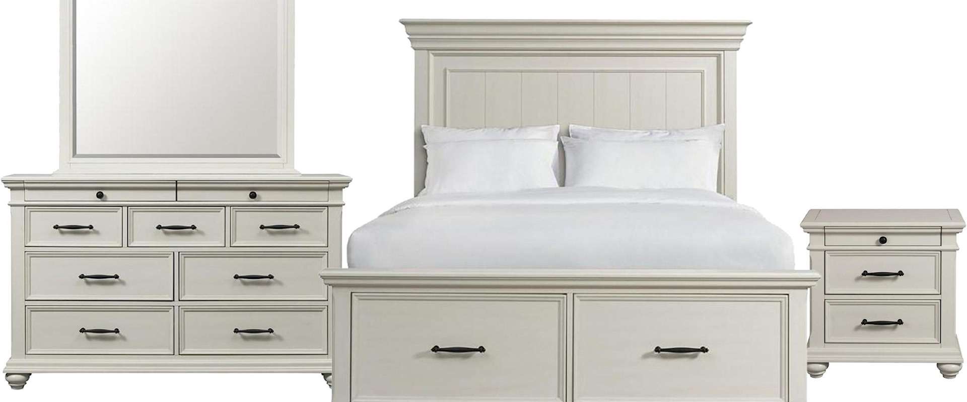Queen Panel Storage Bed, Dresser, Landscape Mirror, and Nightstand