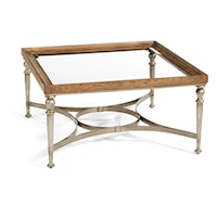 Square Wood Framed Glass Top and Bronze Metal Bands Cocktail Table