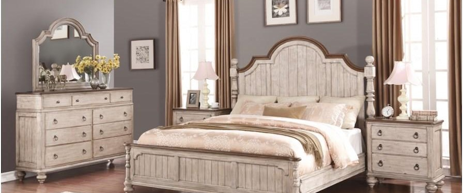 King Poster Bed, Dresser, Mirror, Nightstand and Chest Package