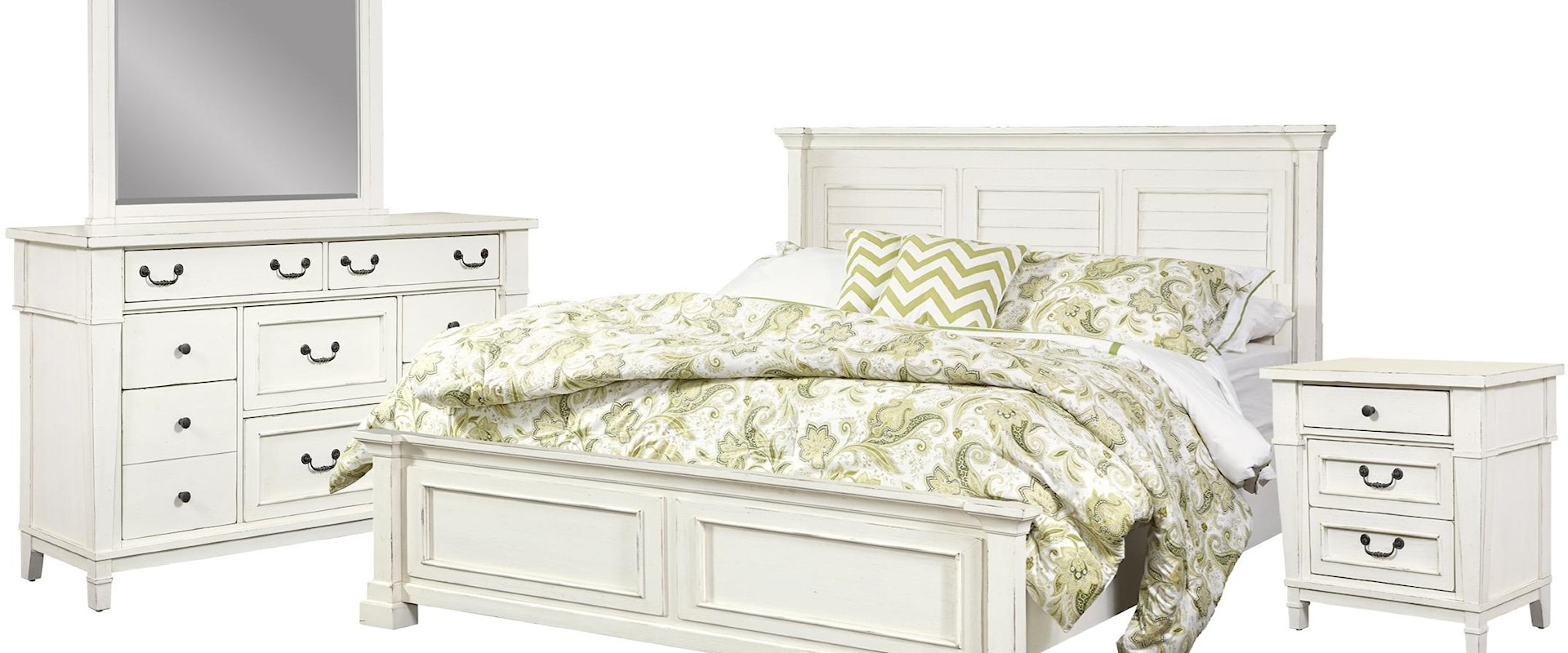 Queen Shutter Bed , 10 Drawer Dresser, Mirror, 3 Drawer Nightstand