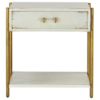 This chest incorporates a sense of elegance and class through the bright gold rods that travel along the sides. It has a slightly distressed white finish on the drawer and shelf to make a more homey feel. It's finished off with an acryl...