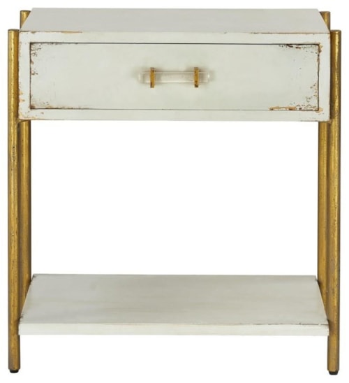 This chest incorporates a sense of elegance and class through the bright gold rods that travel along the sides. It has a slightly distressed white finish on the drawer and shelf to make a more homey feel. It's finished off with an acryl...