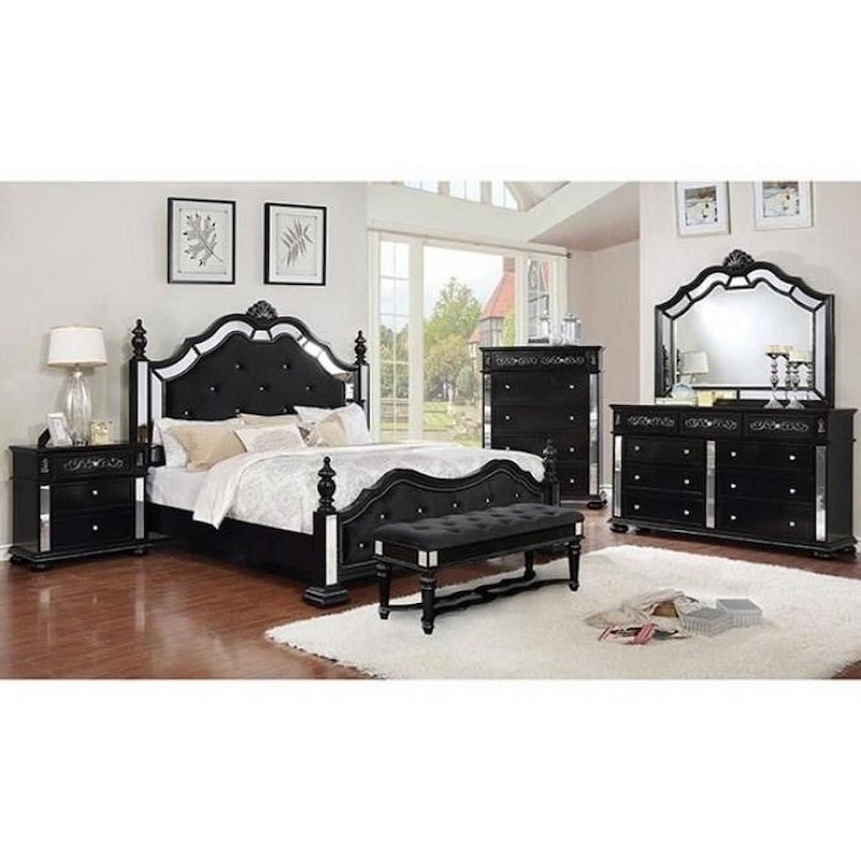 Furniture of America Azha Queen Bed + 1Ns + Dresser + Mirror + Chest 