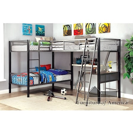 L-Shaped Triple Twin Bunk Bed w/ Desk