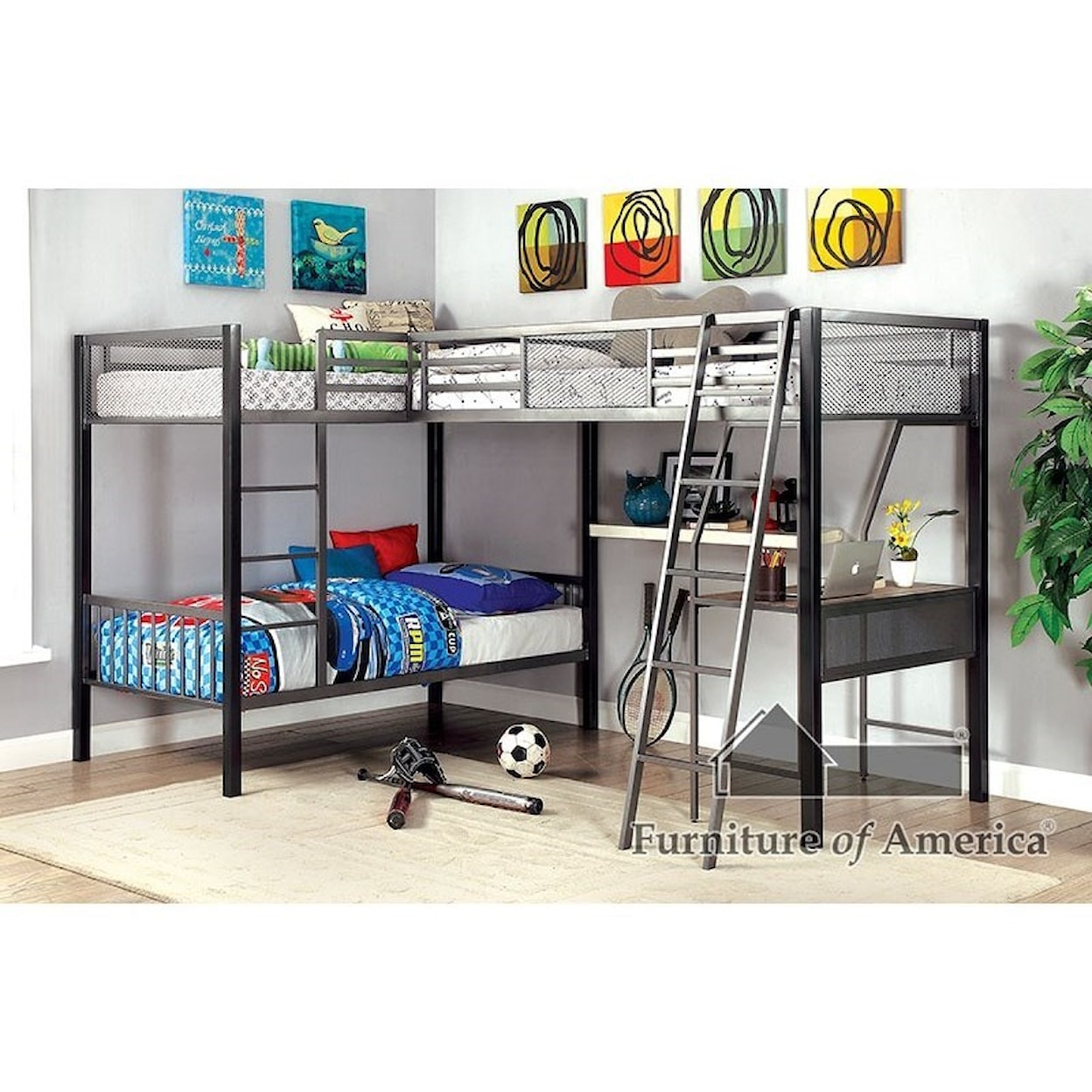 Furniture of America - FOA Ballarat L-Shaped Triple Twin Bunk Bed w/ Desk