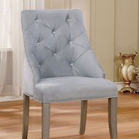 Set of 2 Glam Silver Tufted Dining Chairs with Gray Flannel Upholstery and Acrylic Crystal Buttons