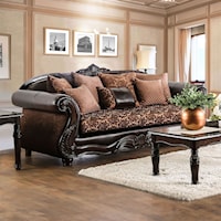 Traditional Fabric and Faux Leather Sofa with Ornate Carved Wood