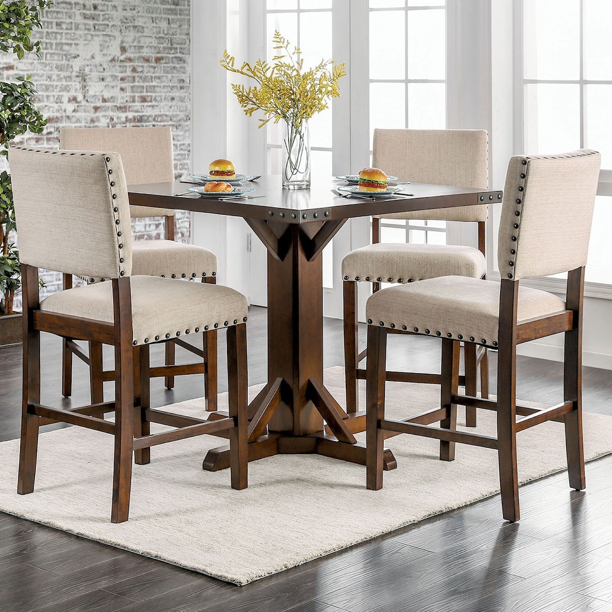 Furniture of America Glenbrook Table + 4 Counter Ht. Chairs