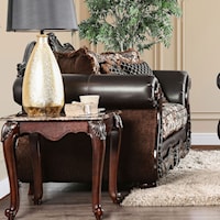 Traditional Fabric and Faux Leather Love Seat with Ornate Carved Wood