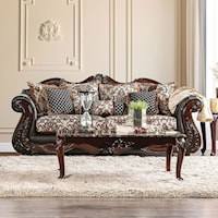 Traditional Fabric and Faux Leather Sofa with Ornate Carved Wood