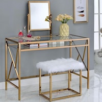 Glam Makeup Vanity Table with Glass Top and Faux Fur Stool