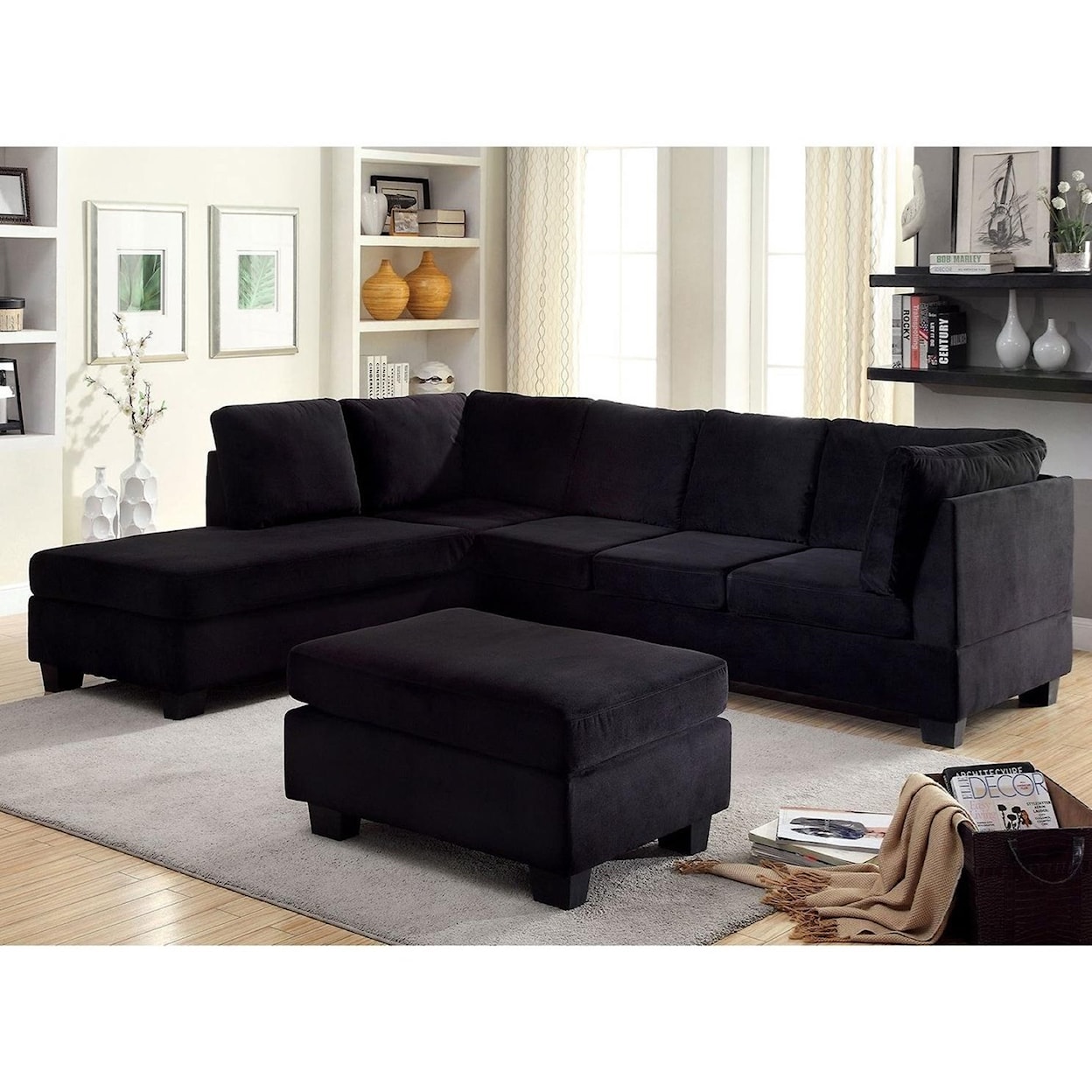 Furniture of America - FOA Lomma Casual Black Flannelette Chaise Sectional